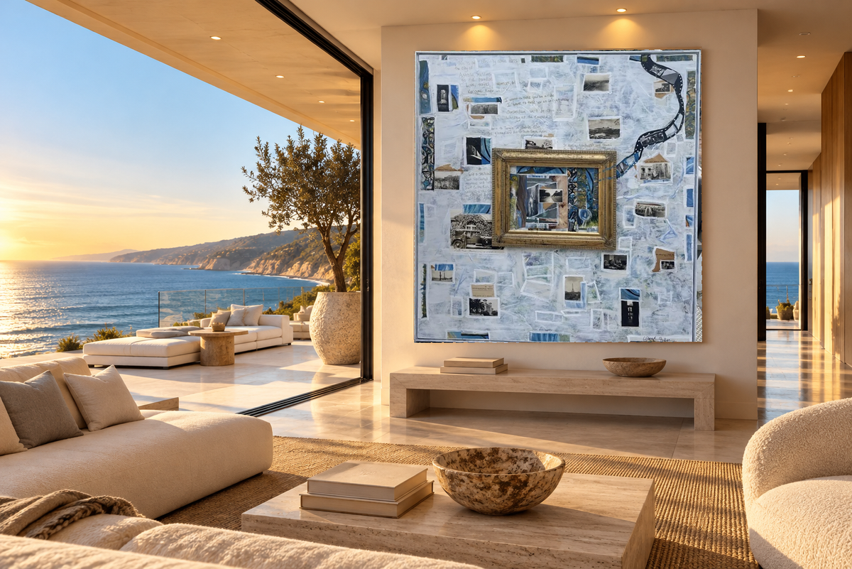 Cheryl Fudge original mixed-media artwork displayed in a Malibu oceanfront living room