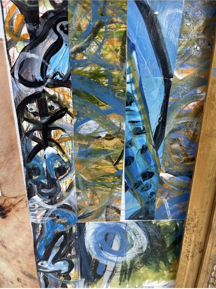 Blue painted collage detail in I Want to Take You on a Ride by Cheryl Fudge