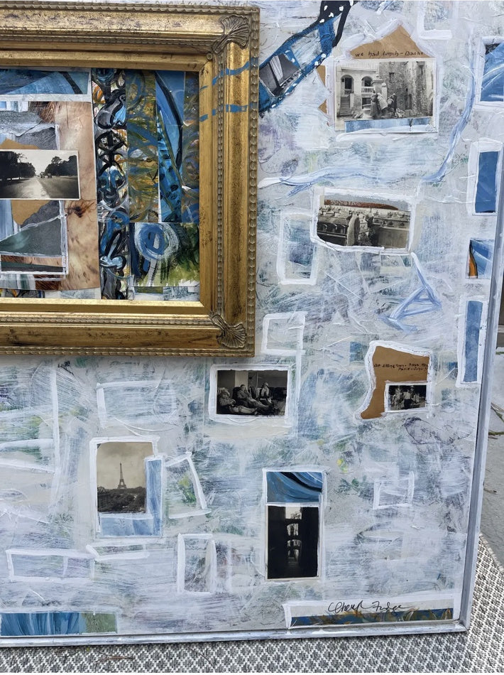 Artist signature and lower collage detail in I Want to Take You on a Ride by Cheryl Fudge