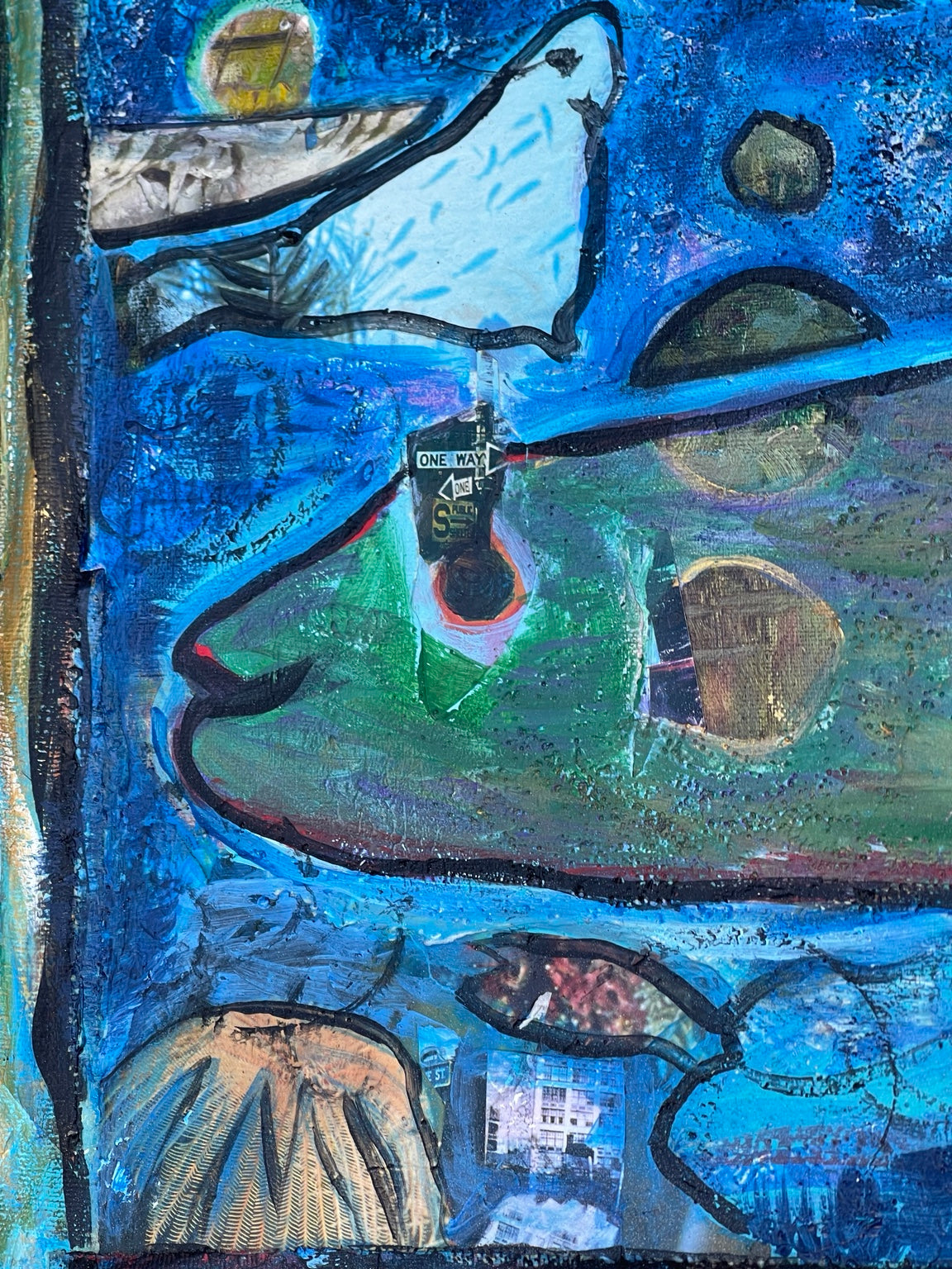 Fish and found-image collage close-up